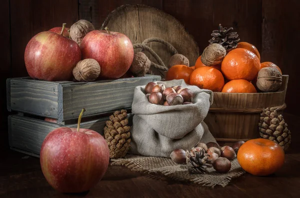 Nuts Other Fruits Dark Wooden Background Royalty Free Stock Images