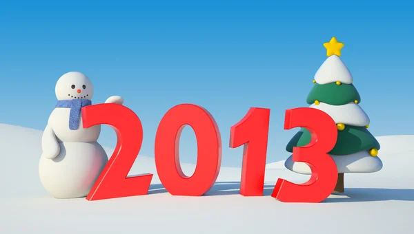 Sneeuwpop, kerstboom en 2013 tekst — Stockfoto