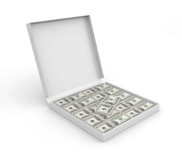 3D box do pizzy z pieniędzy — Zdjęcie stockowe