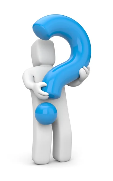 3d person with heavy blue question mark — Stock Photo, Image