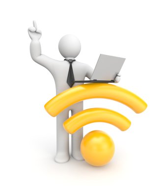 3d karakter dizüstü bilgisayarda çalışıyor. WiFi metafor