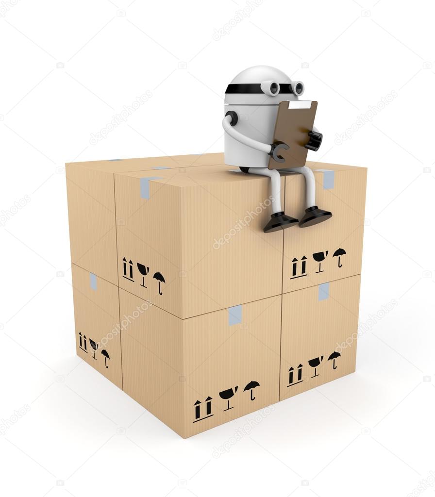 Robot with clipboard and boxes