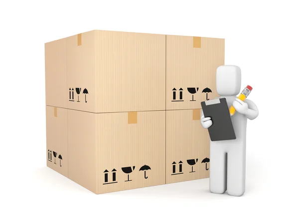 Person with clipboard and pencil among boxes — Stock Photo, Image