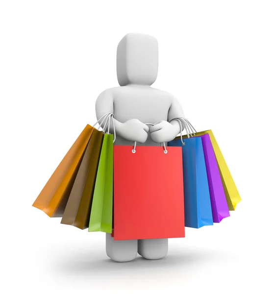 3d small person with lot of shopping bags — Stock Photo, Image