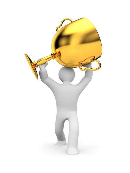 3d pessoa segurar copo de ouro. Metáfora do sucesso — Fotografia de Stock