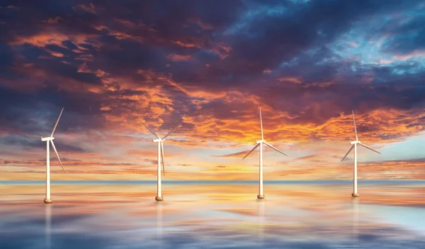 在水面上的风力涡轮机。日落 — 图库照片