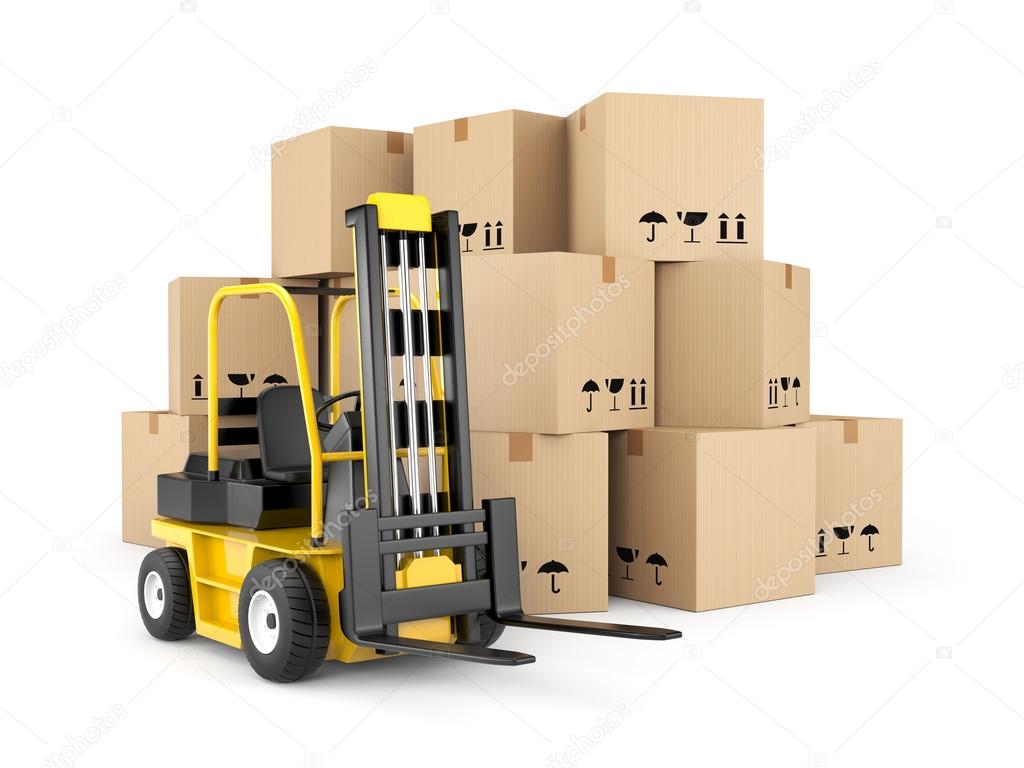 Forklift and cardboard boxes