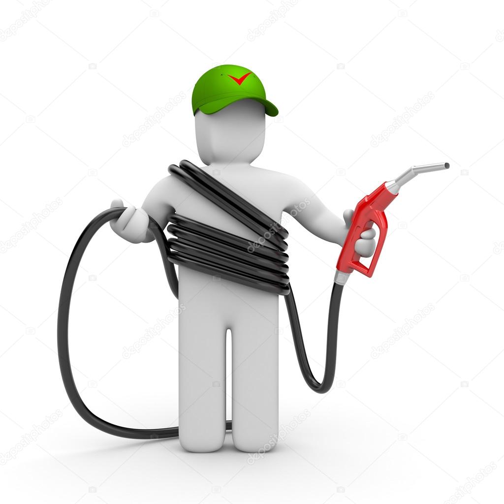 Petrol station worker with petrol pump