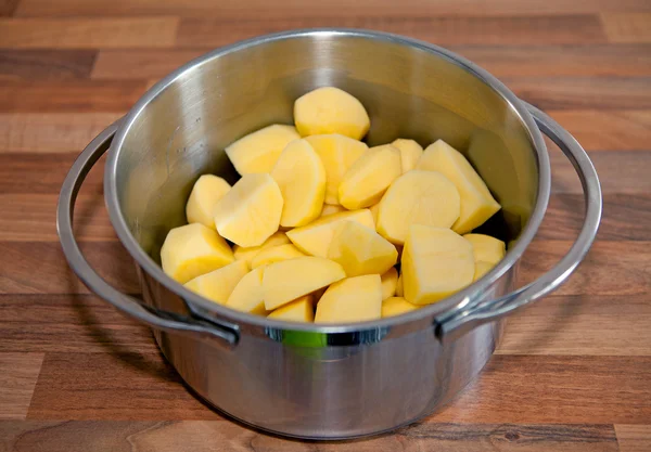Raw potatoes in steel pan — Stock Photo, Image