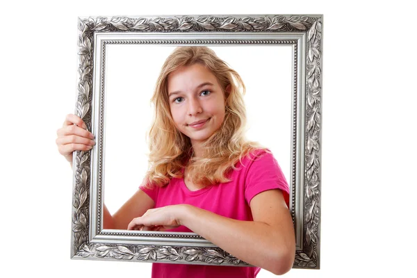 Girl is holding frame — Stock Photo, Image