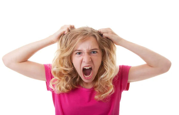 Rapariga irritada está puxando o cabelo — Fotografia de Stock