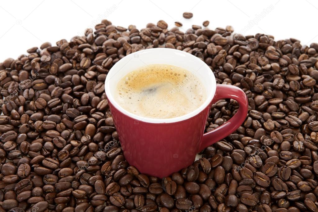 Coffee cup in pile of roasted beans