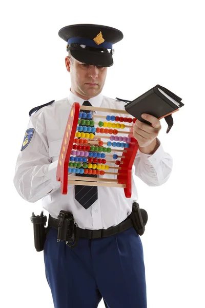 Dutch police officer is counting vouchers quotas with abacus ove — Stock Photo, Image