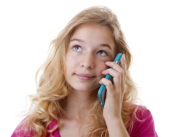 Meisje eist op mobiele telefoon op witte achtergrond — Stockfoto