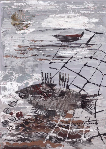 Deniz manzarası ile balık ve ağ — Stok fotoğraf