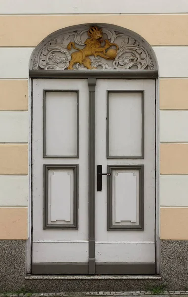 Una Vecchia Porta Ingresso Splendidamente Decorata Grigia Bianca — Foto Stock
