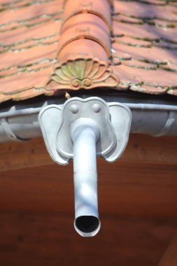 Gövdesi drenaj borusu gibi olan bir fil kafası şeklinde çatı boşaltma borusu.