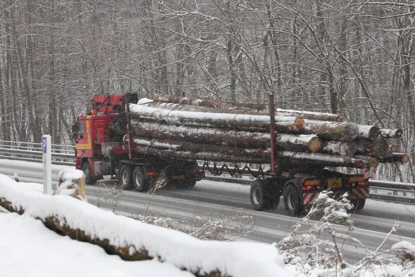 Birkenfeld Germany February 2018 Truck Loaded Logs Drives Wintry Road — Stock Photo, Image