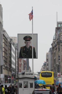 Berlin, Germany April 1, 2018: Checkpoint Charlie was one of the Berlin border crossings through the Berlin Wall between 1961 and 1990.	