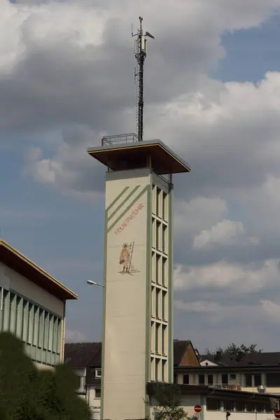 Torre Del Departamento Bomberos Con Inscripción Torre Transmisión Techo Tréveris — Foto de Stock