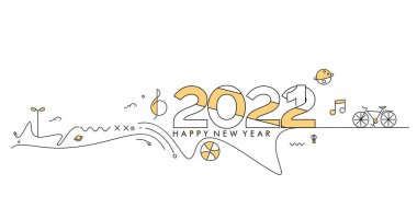 Seyahat Dünyası Tasarım Paterni ve Vektör illüstrasyonuyla Mutlu Yıllar 2022 Metni.