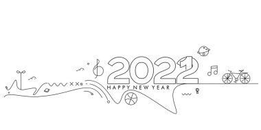 Seyahat Dünyası Tasarım Paterni ve Vektör illüstrasyonuyla Mutlu Yıllar 2022 Metni.