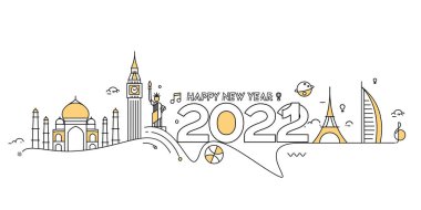 Seyahat Dünyası Tasarım Paterni ve Vektör illüstrasyonuyla Mutlu Yıllar 2022 Metni.