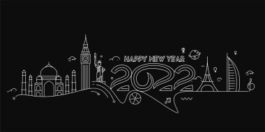 Seyahat Dünyası Tasarım Paterni ve Vektör illüstrasyonuyla Mutlu Yıllar 2022 Metni.