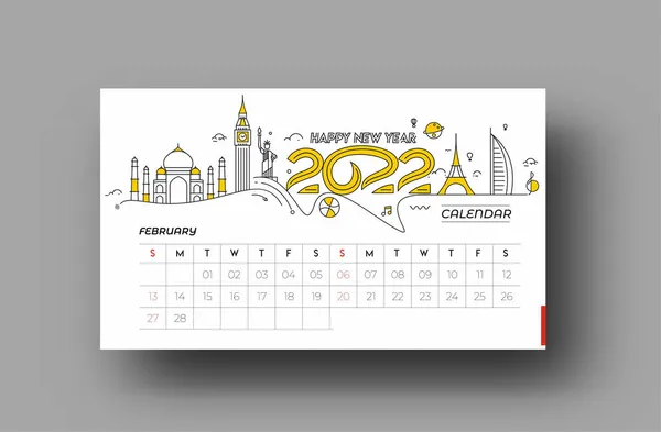 Frohes Neues Jahr 2022 Februar Kalender Neujahr Feiertagselemente Für Feiertagskarten — Stockvektor