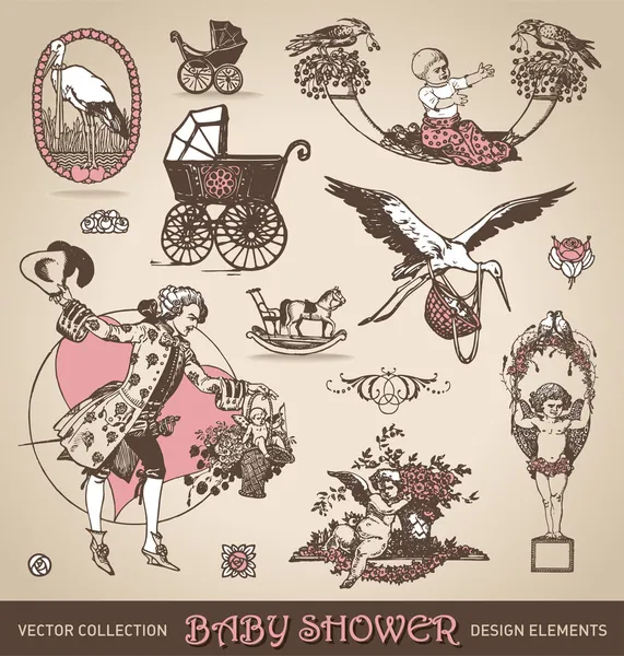 Baby shower antique design elements set (vector) — Stock Vector