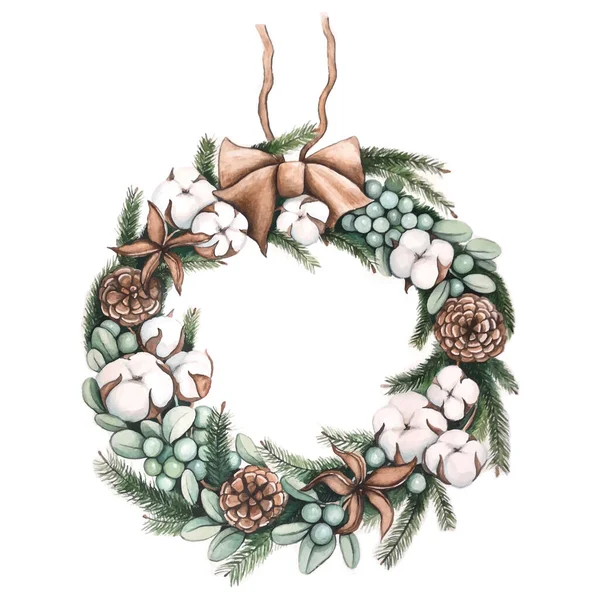 Couronne de Noël avec cônes de coton et de pin et branches de sapin — Image vectorielle
