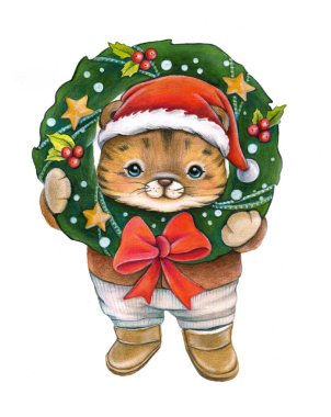 Kitten with a Christmas wreath watercolor hand drawing.