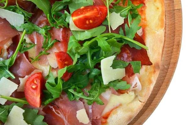 Tradycyjna Włoska Pizza Capricciosa Serwowana Drewnianej Płycie Zbliżenie Obrazu Detal — Zdjęcie stockowe