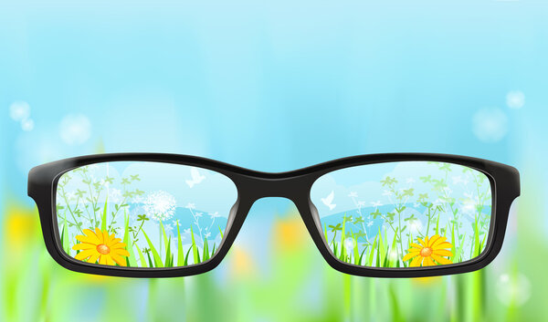 Eyeglasses, nature in focus