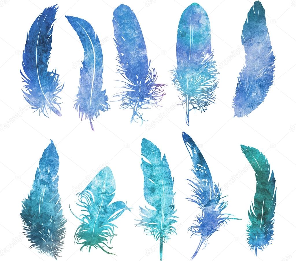 Watercolors blue feathers set.  