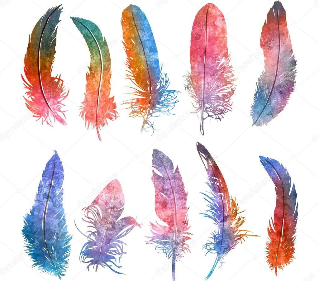 Watercolors bright colors feathers set.  