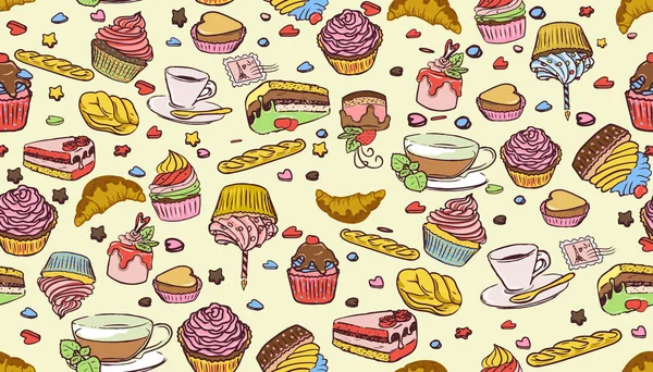 Heure Café Cupcakes Gâteaux Café Étoiles Fond Motif Sans Couture — Image vectorielle