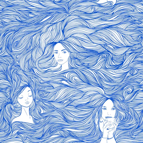 三个年轻女子的脸和代表长发的抽象流线的无缝图案 Monochrom矢量说明 — 图库矢量图片