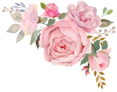 Çiçek buketi, retro şakayıklar, suluboya el boyası, hızlı izolasyon için kırpma yolu dahil. Raster illüstrasyonu