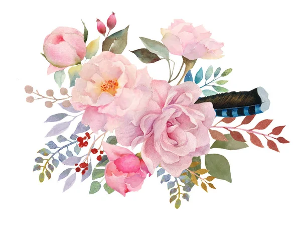 Floral Bouquet Retro Peonies Watercolor Hand Painted Clipping Path Included — Stock Photo, Image