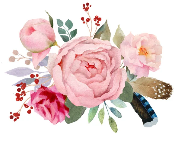 Floral Bouquet Retro Peonies Watercolor Hand Painted Clipping Path Included — Stock Photo, Image