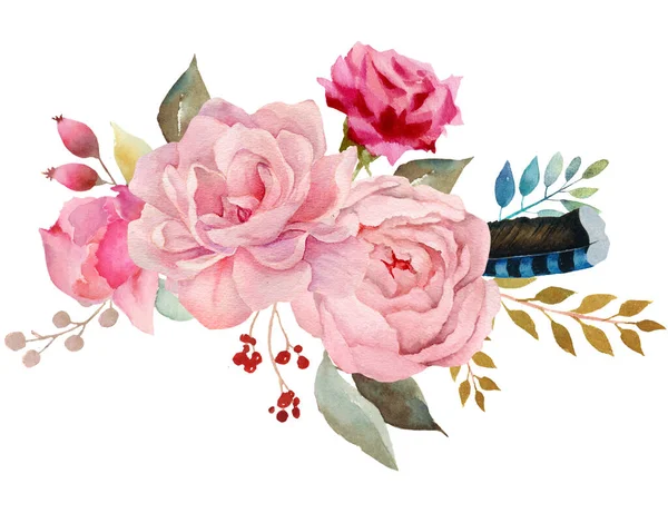 Floral Bouquet Retro Peonies Watercolor Hand Painted Clipping Path Included — Stock Photo, Image