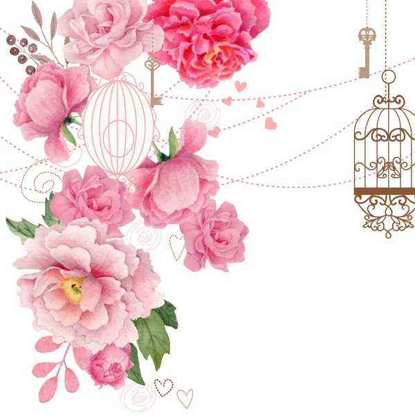 Floral Bouquet Retro Peonies Birdcage Keys Watercolor Hand Painted Clipping — Stock Photo, Image