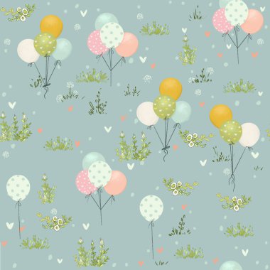 Colorful Balloons flying in the sky, blue marine background, seamless pattern