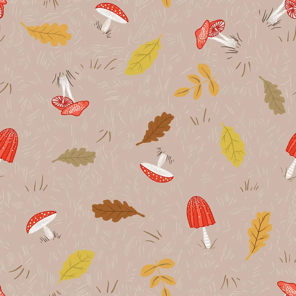 Vector Colorful Natural Seamless Patterns Fall Leaves Mushrooms Plants Beautiful — Stockový vektor