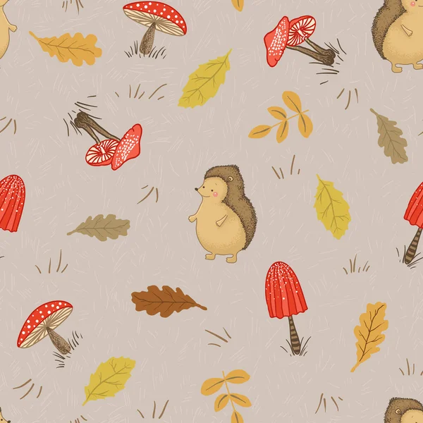 Vector Colorful Natural Seamless Patterns Fall Leaves Mushrooms Hedgehog Plants — Wektor stockowy