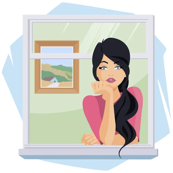 Красива Жінка Вікні Мила Дівчина Мріє Концепція Ілюстрації Мобільного Веб — стоковий вектор