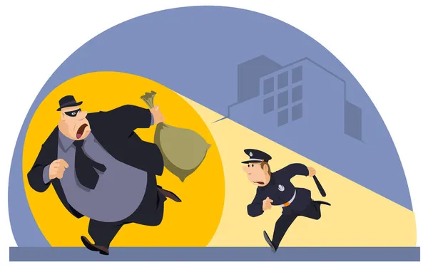 Robber Bag Loot Policeman Trying Apprehend Thief Illustration Concept Mobile — Stock Vector