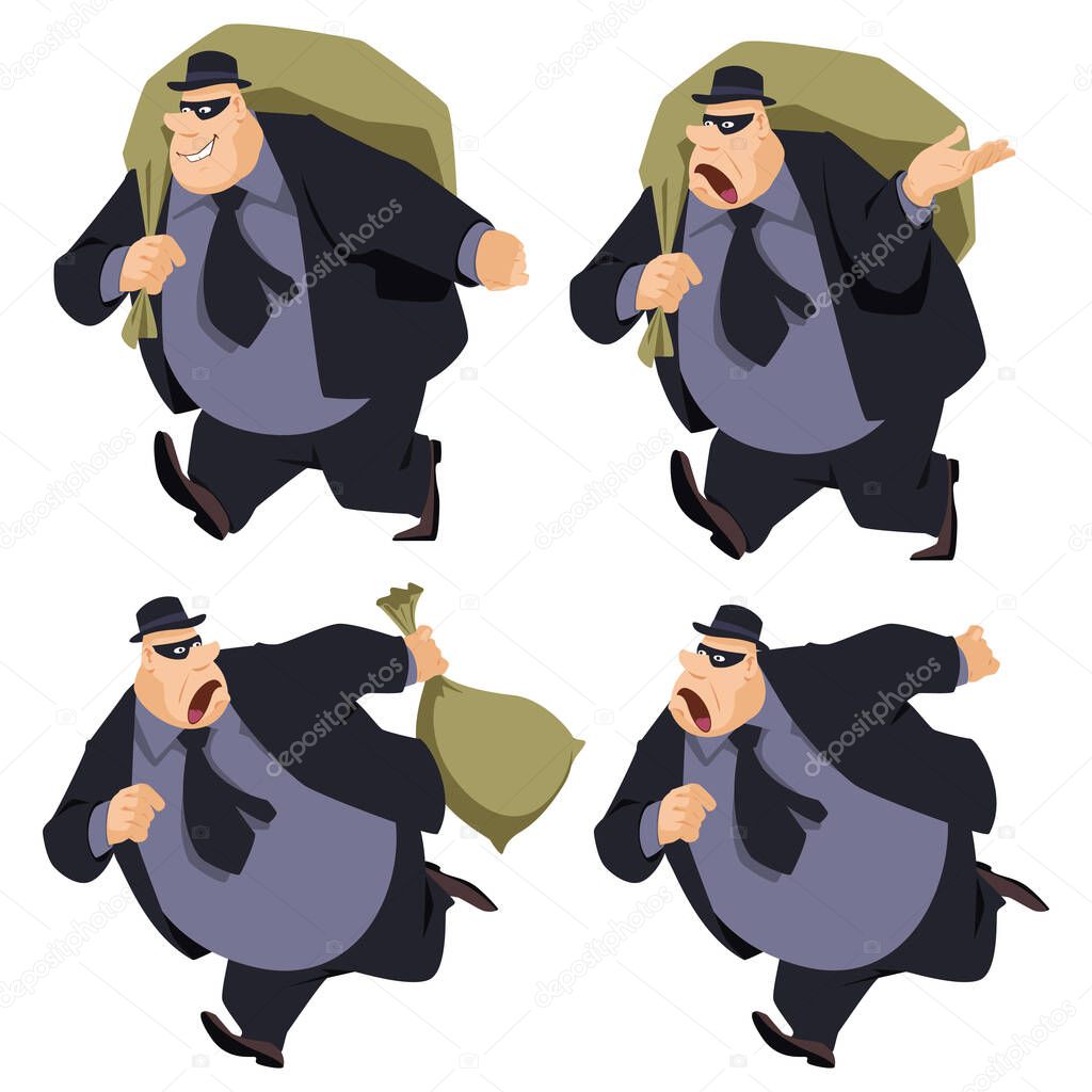 Robber with bag of loot. Thief escapes from crime scene. Illustration concept for mobile website and internet development.