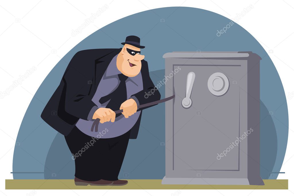 Robber opens safe. Thief at work. Illustration concept for mobile website and internet development.